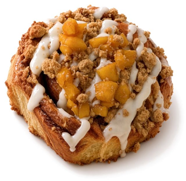 Peach Cobbler Cinnamon Roll topped with peaches, crumble and icing